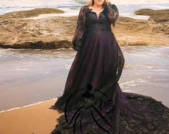 Nyah Black Purple Gothic Elegance Ball Gown Wedding Dress Bridal Gown Long Sleeves Sparkle Alternative Bride Illusion Mesh Lace Appliques