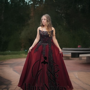 Roseblood Gothic Red and Black Wedding Dress – Strapless Lace Bridal Gown with Corset Back, Custom Alternative Formal Dress Aline with Slit