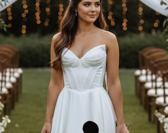 Elegant Jacquard Corset Wedding Dress – Strapless A-Line Gown with Lace-Up Back, High Slit, and Pearl Embellished Bodice for Modern Brides