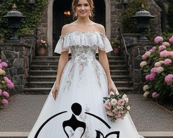 Off Shoulder Floral Wedding Dress • A Line Bridal Gown • Corset Back • Romantic Lace Wedding Dress • Garden Bride • Custom Size Marie Style