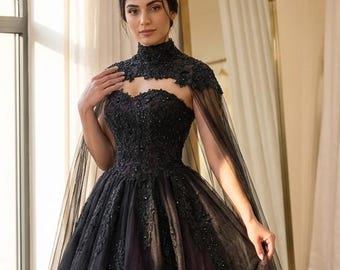 Hazel Gothic Black Purple Wedding Dress, Ball Gown with Sweetheart Bodice & Beaded Cape, Dark Fairytale Bridal Gown Alternative Bride