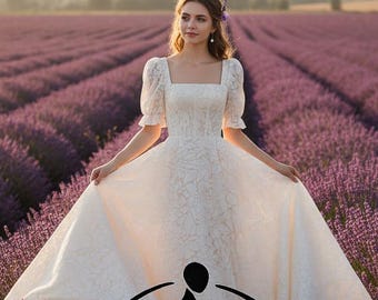 Romantic Puff Sleeve Floral Lace Wedding Dress | Vintage Square Neck Aline Gown with Train | Custom Bridal Gown – Rosalind Modest Neckline