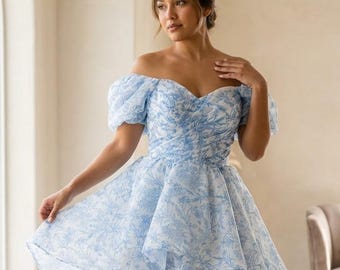 Cirelle Blue Floral Ball Gown Wedding Dress | Off Shoulder Puffy Sleeve A-Line Bridal Gown | Romantic Layered Blue Toile Dress | Custom Made