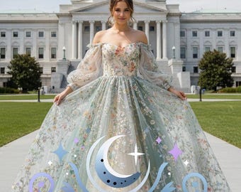 Floravine – Enchantiva Off-Shoulder Floral Wedding Dress with Sage Tulle, Embroidered Blossoms & Romantic Ball Gown Silhouette