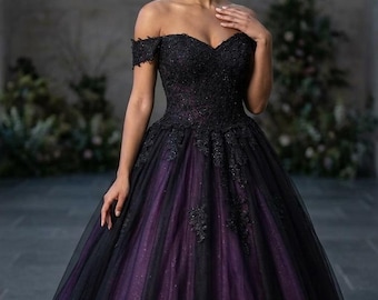 blonde black dress Black and Purple Gothic Wedding Dress With Floral- Sexy Gothic Straple   WonderlandByLilian