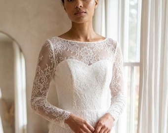 Vestido de novia de encaje con corte en A, vestido de novia de manga larga, vestido de novia de manga transparente, vestido de novia clásico con botones de perlas en la espalda, Isabella