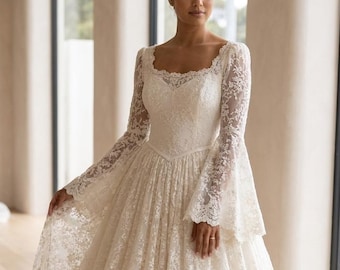 Vestido de noiva de renda com mangas compridas, fechamento em espartilho nas costas, cintura baixa, estilo vintage de conto de fadas, Rozaline