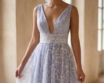 Celestial Wedding Dress, Star & Constellation A-Line Bridal Gown, Deep V Neck Alternative Wedding Dress
