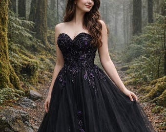 Void of Starlight Gothic Wedding Dress – Black & Purple Corset Ball Gown with Floral Appliqué