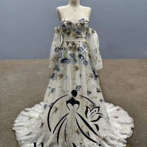 Alyssa Floral Lace Wedding Dress with Off-Shoulder Sleeves, Blue & Ivory Garden Bridal Gown with Train, Custom Size