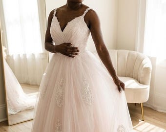Romantic Pink Wedding Dress Ball Gown with Lace Appliqués, Sparkle Tulle Bridal Gown with Train, Corset Back Princess Dress in Blush Jaden