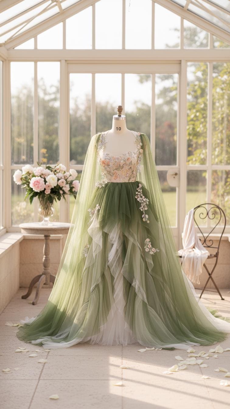 Mosslight Fantasy Wedding Dress | Green Ombre Tulle Gown With Cape Sleeves  | Woodland Fairy Bridal Dress | Forest Vibes - Etsy