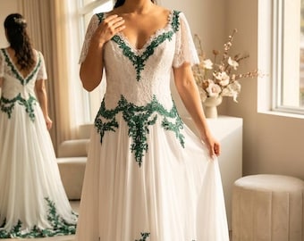 Elaria Moss Green Lace Wedding Dress