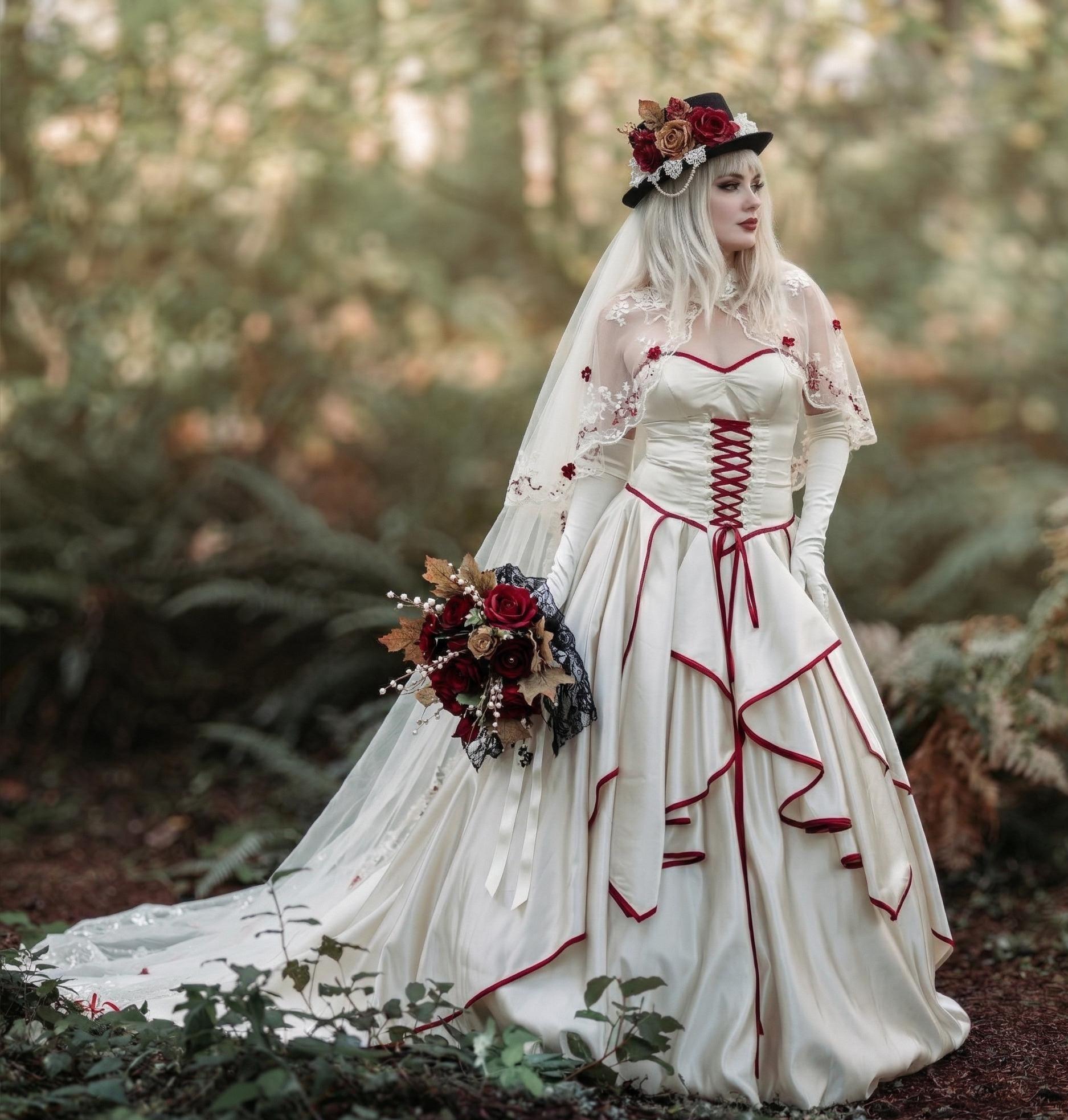 long sleeve red and white wedding dresses Scarlet Whisper Wedding Gown – Gothic Pirate Renaissance Wedding Dress  Black Red or Ivory Red Alternative Bridal Gown Fantasy Wedding Dress