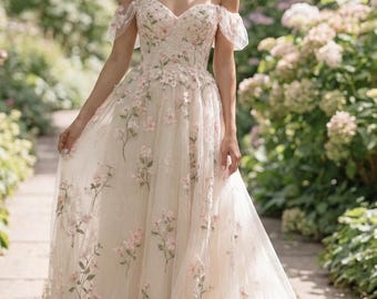 Floral Embroidered Wedding Dress Angelique | Pink Flower Bridal Gown | Romantic Garden Wedding Dress | Cottagecore Bride Dress | Boho Gown