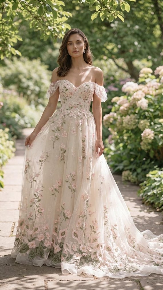 pink ivory wedding dress Floral Embroidered Angelique | Flower Bridal Gown | Romantic Garden Wedding Dress | Cottagecore Bride Dress | Boho Gown look-imali-halter-cowl-mini-dress-mendez-brown