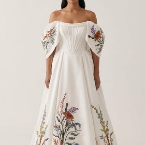 Ambretta Off Shoulder Wedding Dress – Detachable Sleeves, Floral Embroidered Boho Bridal Gown, Alternative Unique Garden Bride image 9
