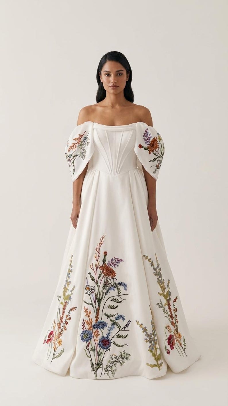 Ambretta Off Shoulder Wedding Dress – Detachable Sleeves, Floral Embroidered Boho Bridal Gown, Alternative Unique Garden Bride image 9