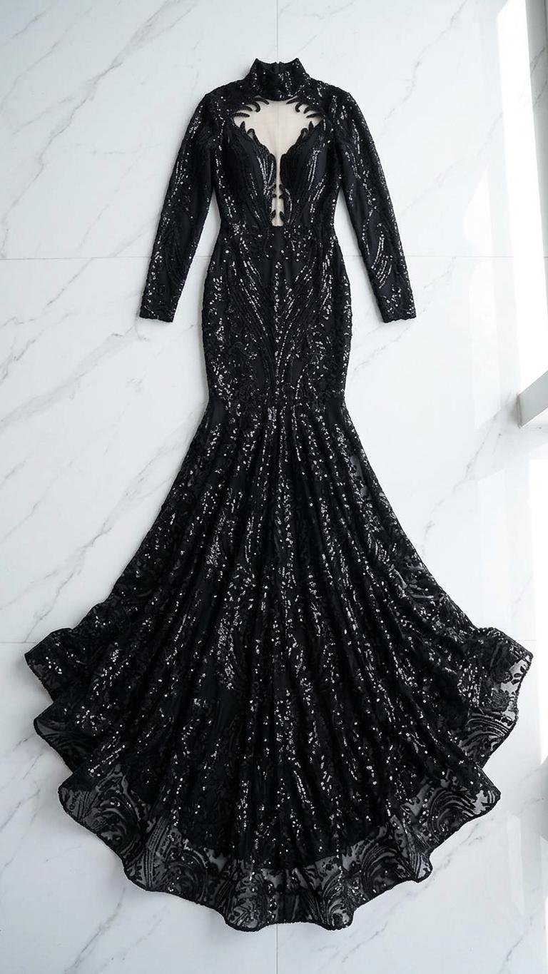black sequin mermaid dress with sleeves Plus Size V Neck Long Sleeve Sequins Mermaid Dress Black / 4XL