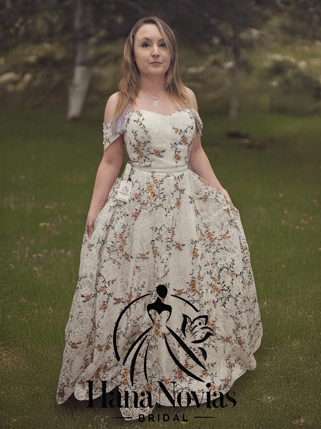 Designer Colorful Wild Flowers Fairytale Sleeved A-line Wedding Dress