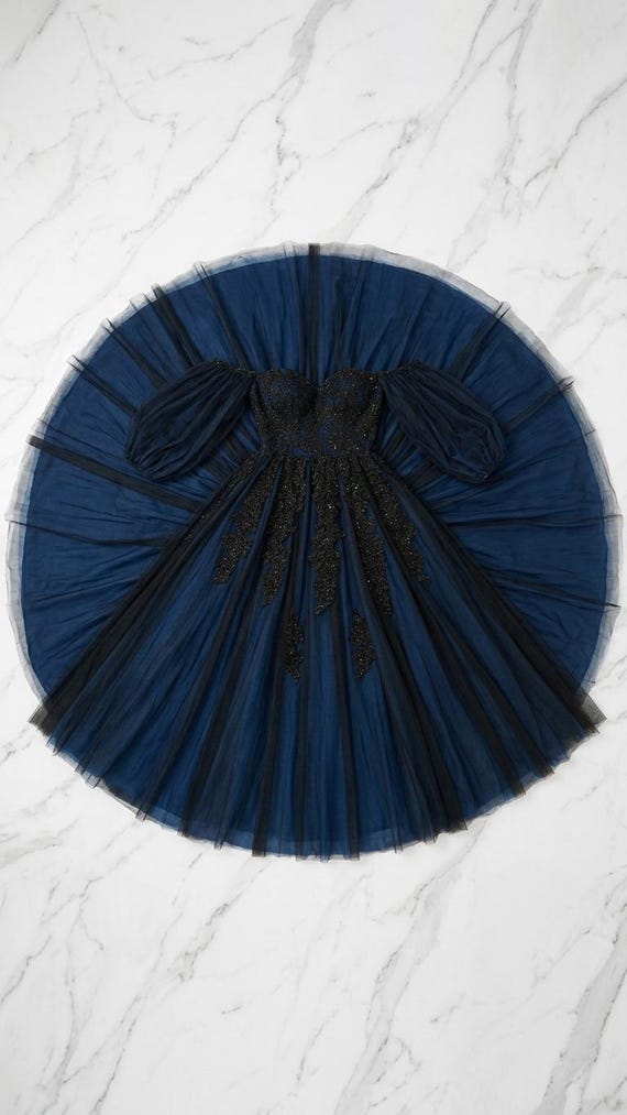 Meena - Black and Blue Gothic Wedding Dress | Off-Shoulder Lace Ball Gown | Dark Fantasy Bridal Gown with Dramatic Train