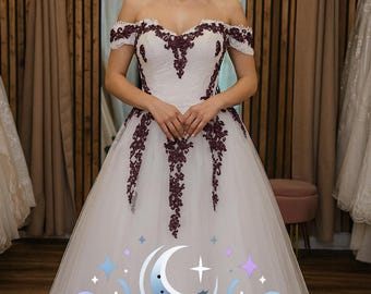 Amethyst Elegance Wedding Dress – Off-White A-Line Gown with Purple Lace Appliqués, Off-the-Shoulder Neckline, and Custom Options Cottage