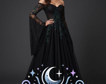 Midnight Thistle Gothic Wedding Dress | Black and Maroon Bridal Gown with Emerald Vines | Enchantiva Fantasy Wedding Dress Chapel Train