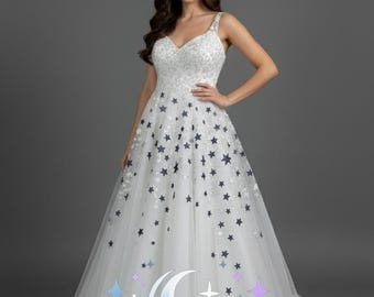 Celestial Wedding Gown – Star Appliqué Tulle Bridal Dress