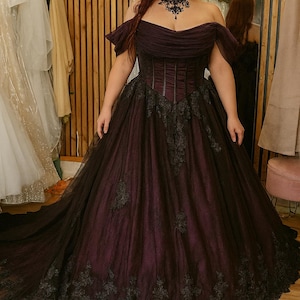 Black and Purple Wedding Dress | Gothic Bridal Gown with Train | Alternative Halloween Witchy Wedding Dress Custom Made Midnight Magic