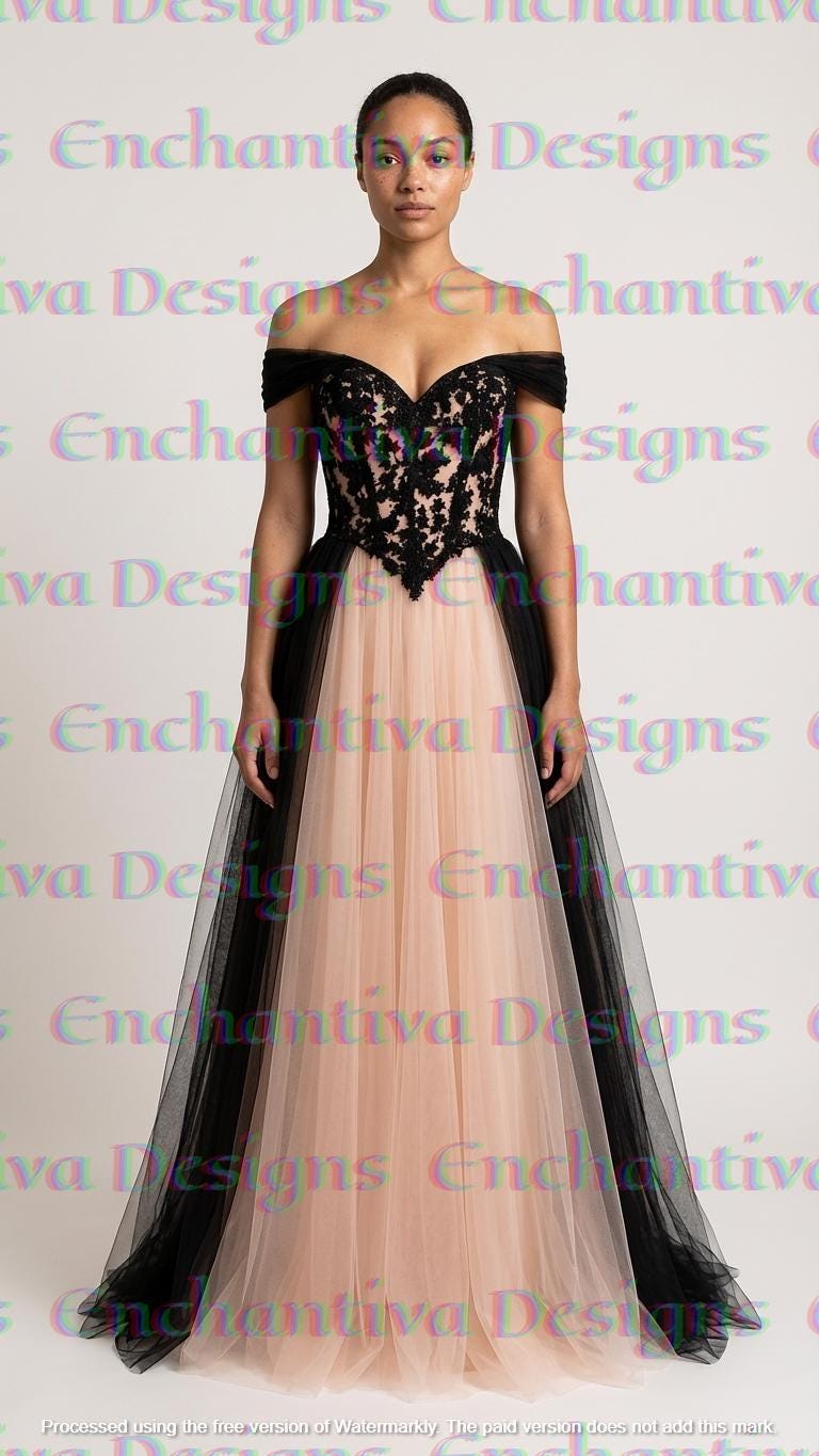 black and blush pink dress Pink A-line Strapless Black Top Floral Appliques Long Prom Dress Pink / US 6
