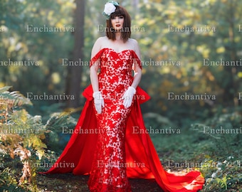 Crimson Blossom Wedding Dress Bridal Gown Detachable Train All Over Lace Sheath Sweetheart Neckline Off the Shoulder Straps Red 12