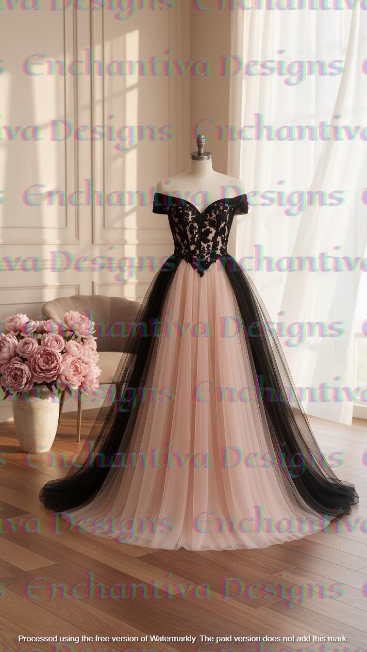Blush and Black Wedding Dress | Off Shoulder Gothic Bridal Ball Gown | Lace Corset Back Tulle Skirt | Alternative Fairytale Dress Raven Rose