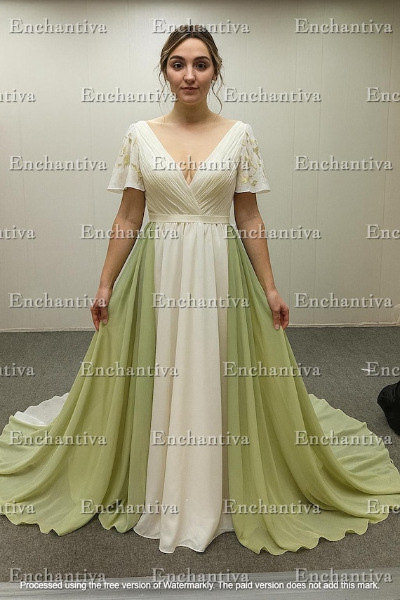 Forest Winks - Green & Ivory Wedding Dress | Ethereal Chiffon Gown with Flutter Sleeves, V-Neckline Flowing Train Bridal Gown Forest Winks - Green & Ivory Wedding Dress | Ethereal Chiffon Gown with Flutter Sleeves, V-Neckline Flowing Train Bridal Gown