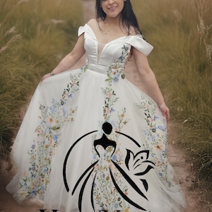 Salome Sue Boho Floral Wedding Dress - Bridal Embroidered A-Line Gown with Plunging V-Neckline, Satin Bodice, Colorful Wildflower Tulle