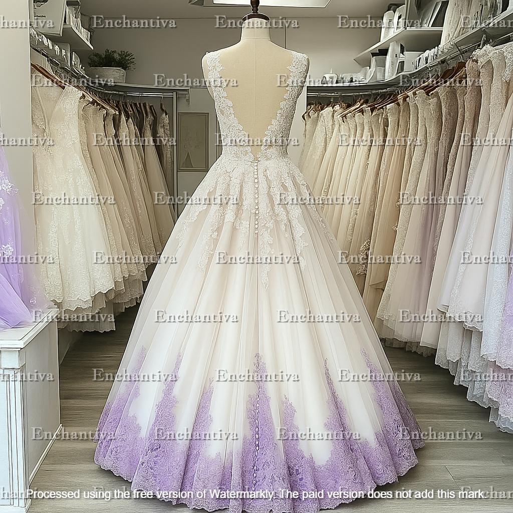 Lavender Grace Wedding Dress - Off-White A-Line Bridal Gown with Lavender Lace, Illusion Lace Bodice, Customizable Color & Design Options