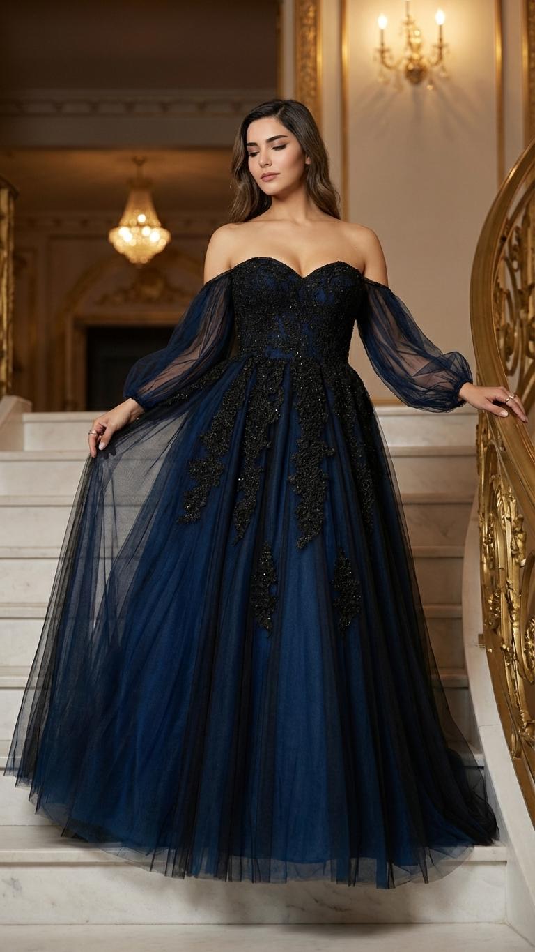 princess polly baby blue dress Meena  Black and Blue Gothic Wedding Dress | Off-shoulder Lace Ball Gown |  Dark Fantasy Bridal Gown With Dramatic Train