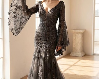 Vestido de novia Bella Black, vestido de novia gótico de encaje, vestido de novia alternativo, vestido con mangas acampanadas, vestido de novia negro