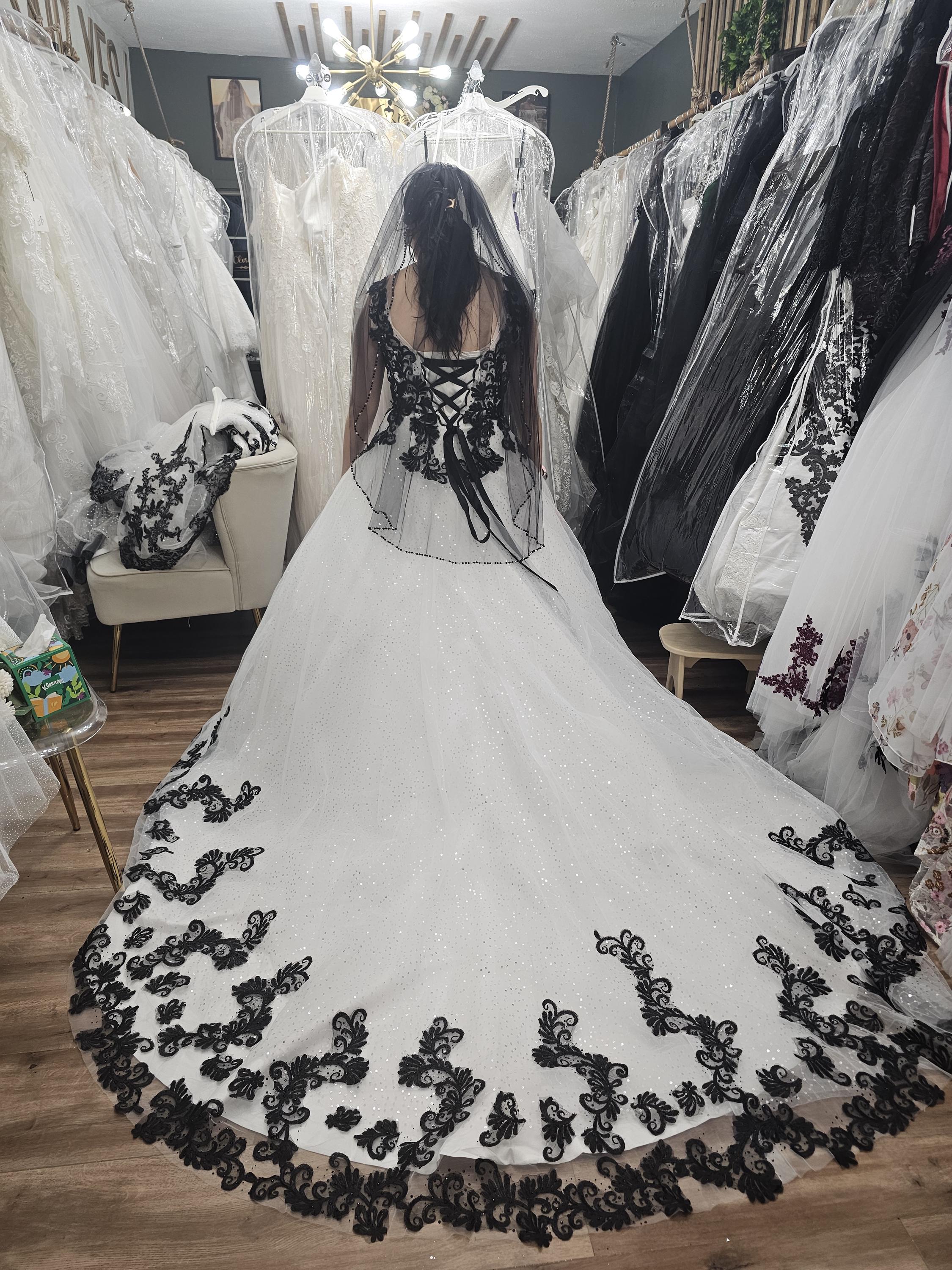 black and white gothic wedding dress Off Shoulder Wedding Dress A Line Tulle Beaded Gothic Black Bridal Dress Cocomelody LD5830, 30 Days / As Picture:Ivory/Silver Grey / US22-UK24-EUR52 main image 1