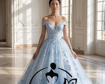 Blue Floral Wedding Dress, Off Shoulder Ball Gown, 3D Lace Bridal Gown, Non Traditional Wedding Dress Marine
