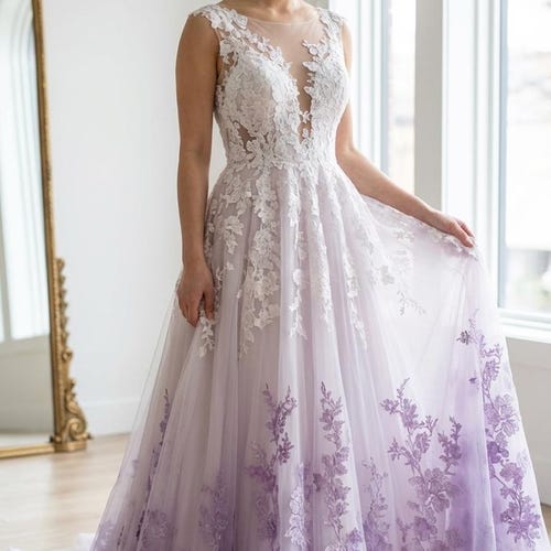 purple and white lace wedding dress Ball Gown White Wedding Dress With Purple Lace Wedding Gown Lavender And White Dress Ball Gown Purple And White