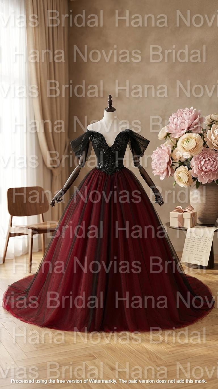 Black Gothic Wedding Dress • Dark Red Bridal Gown • off Shoulder ...