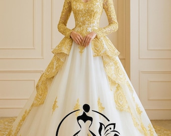 Royal Embroidered Ball Gown Wedding Dress With Long Sleeves and