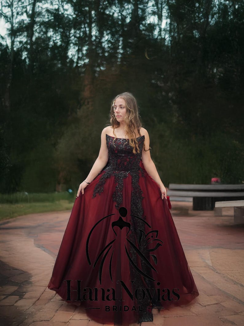 Roseblood Gothic Red and Black Wedding Dress – Strapless Lace Bridal ...