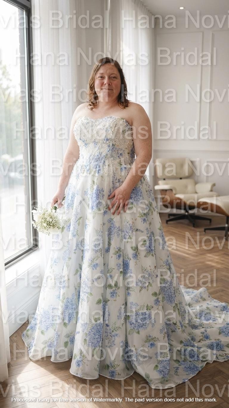 Ondine Floral Wedding Dress, Strapless Blue Hydrangea Print Gown