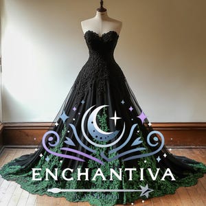 Shadowfernのブラック＆グリーンのウェディングドレス – オフショルダーのレースのボールガウン – ゴシックフォレストのブライダルドレス – カスタムファンタジーガウンのハロウィンウェディング