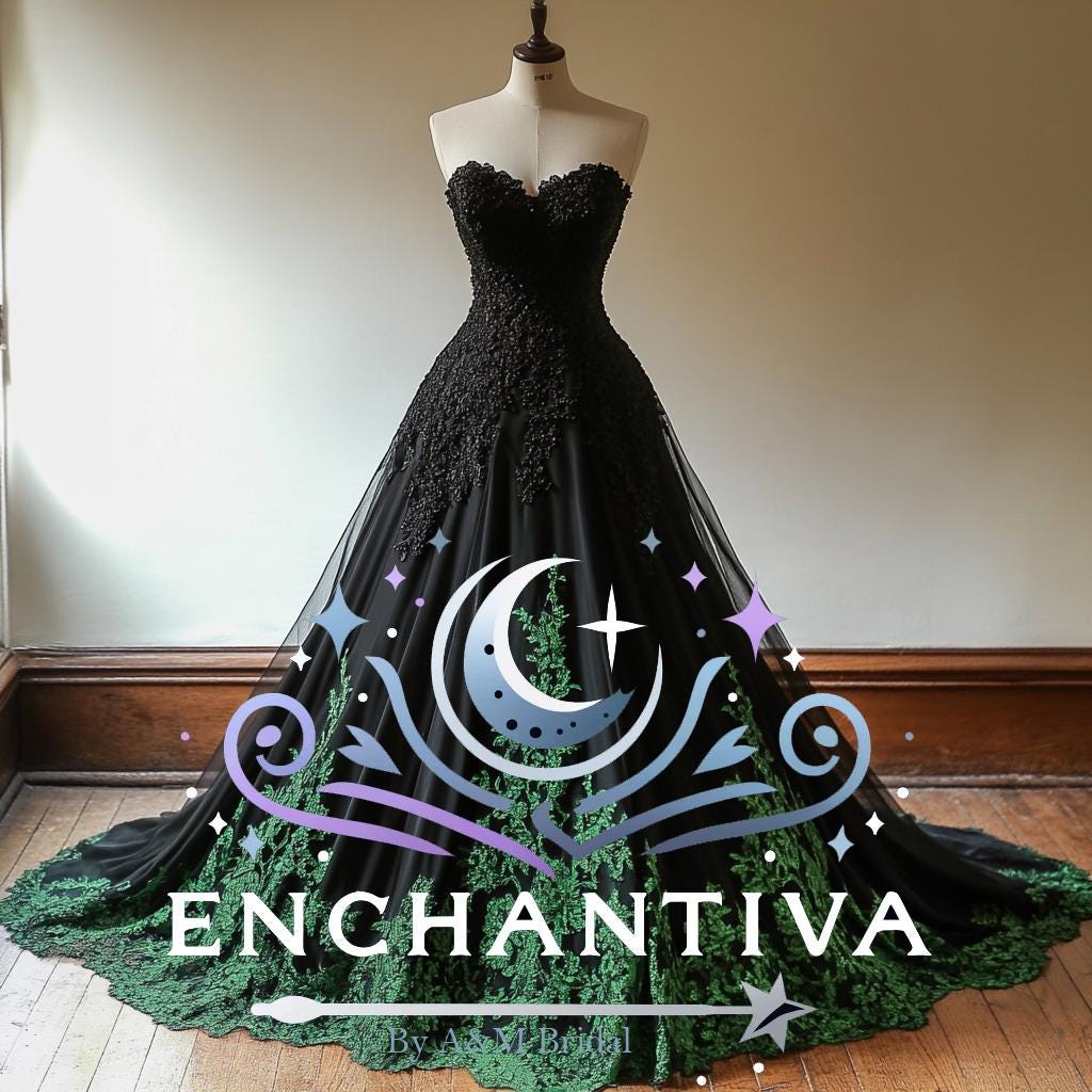 Shadowfern Black and Green Wedding Dress – Off Shoulder Lace Ball Gown – Gothic Forest Bridal Dress – Custom Fantasy Gown Halloween Wedding