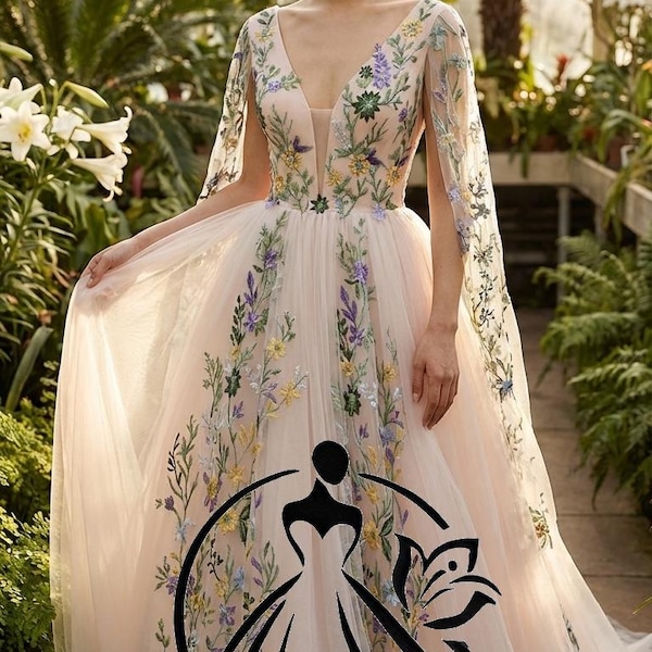 Floral Wedding Dress A-Line • Embroidered Bridal Gown • Cape Sleeves • Blush Lining • Garden Wedding Dress • Custom Sized