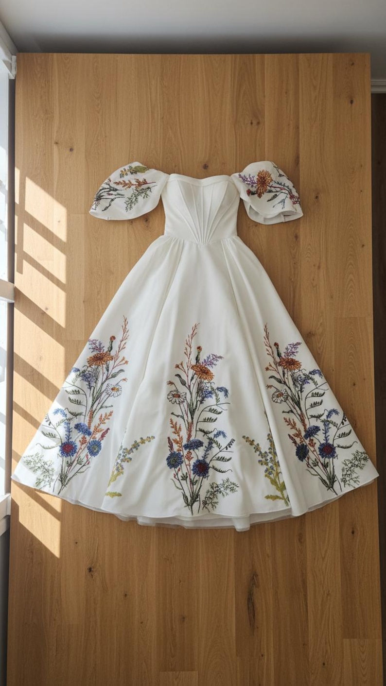 Ambretta Off Shoulder Wedding Dress – Detachable Sleeves, Floral Embroidered Boho Bridal Gown, Alternative Unique Garden Bride image 11