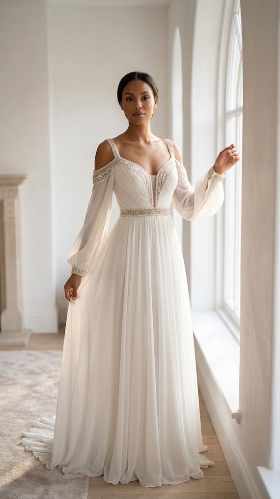 Ethereal Enchantress Wedding Dress by Enchantiva – Flowing Chiffon, Beaded Waist, Long Bishop Sleeves, Fairytale Bridal Gown