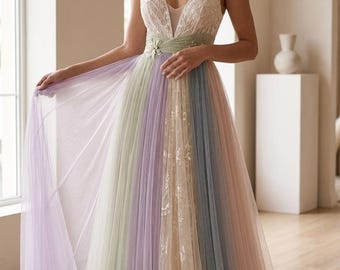 Greer / Vestido de novia arcoíris pastel / Vestido de novia de cuento de hadas colorido / Vestido de novia de fantasía / Novia estilo cottagecore / Colores personalizados